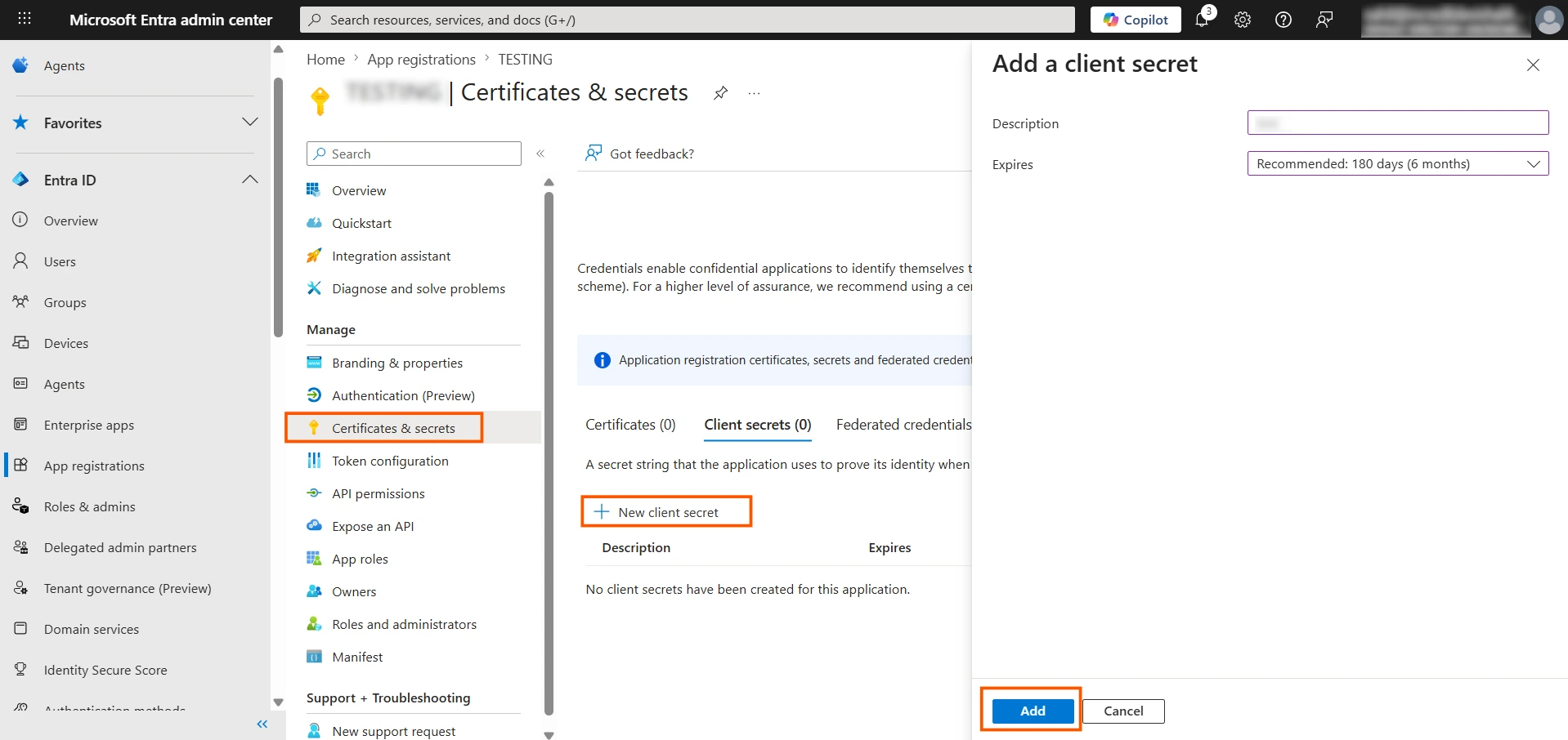 Entra External ID (CIAM) Single Sign-On (SSO) OAuth - go to certificates & secrets