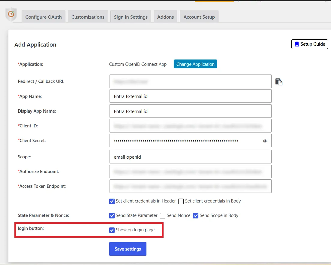 Entra External ID (CIAM) Single Sign-on (SSO) - Entra External ID (CIAM) OAuth - create-newclient login button setting