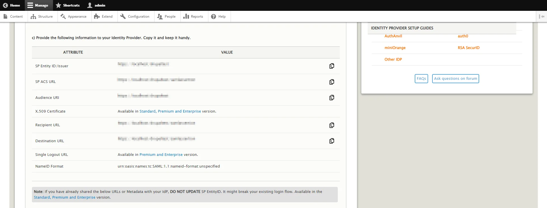 miniorange-saml-service-provider-metadata-drupal-manual-enter