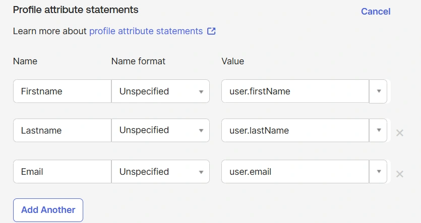 Okta Profile Attribute Statements Configuration