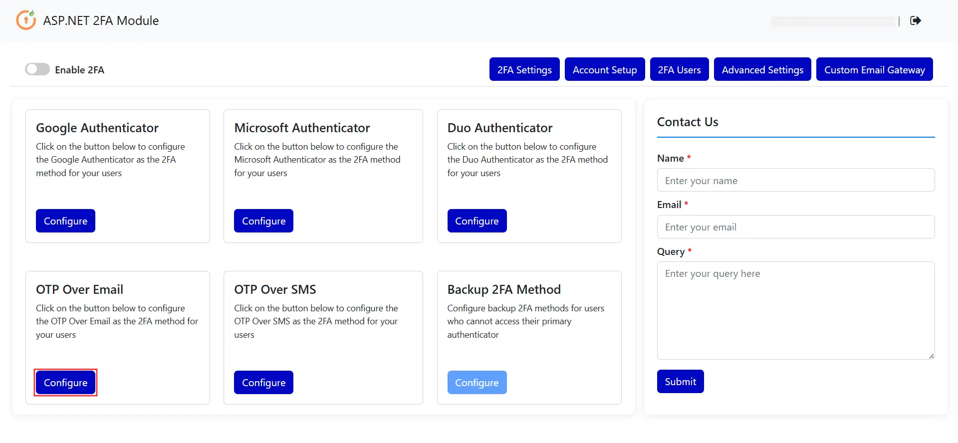 ASP.NET 2FA Configure OTP over Email