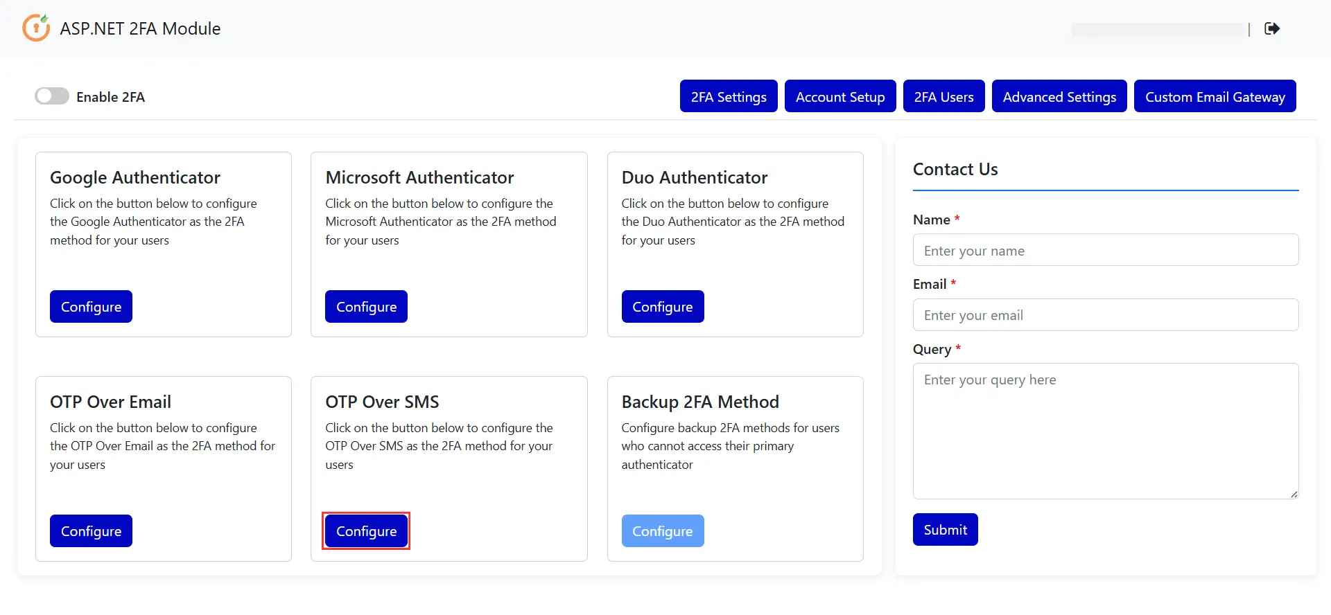 ASP.NET 2FA Configure OTP over SMS