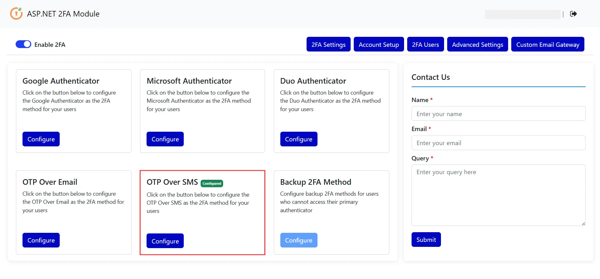 OTP over SMS - Method Configured