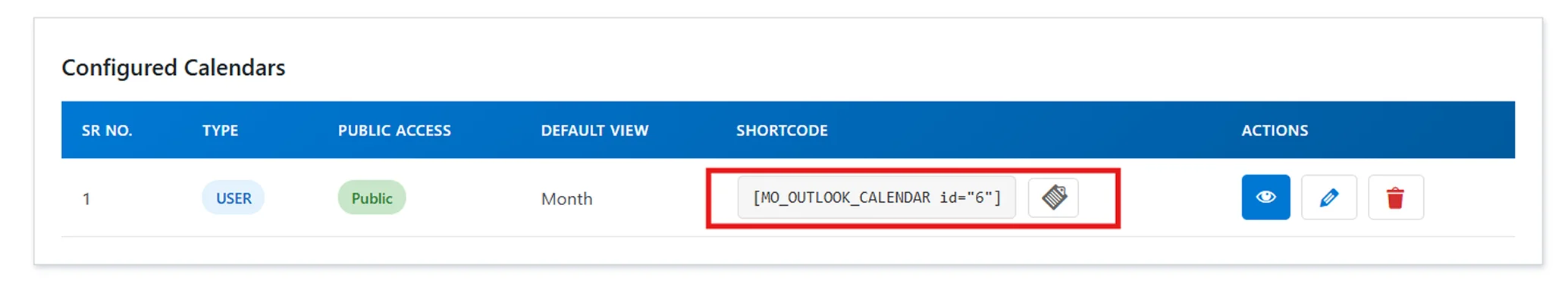 Embed Outlook Calendar on WordPress - Enterprise plugin copy shortcode