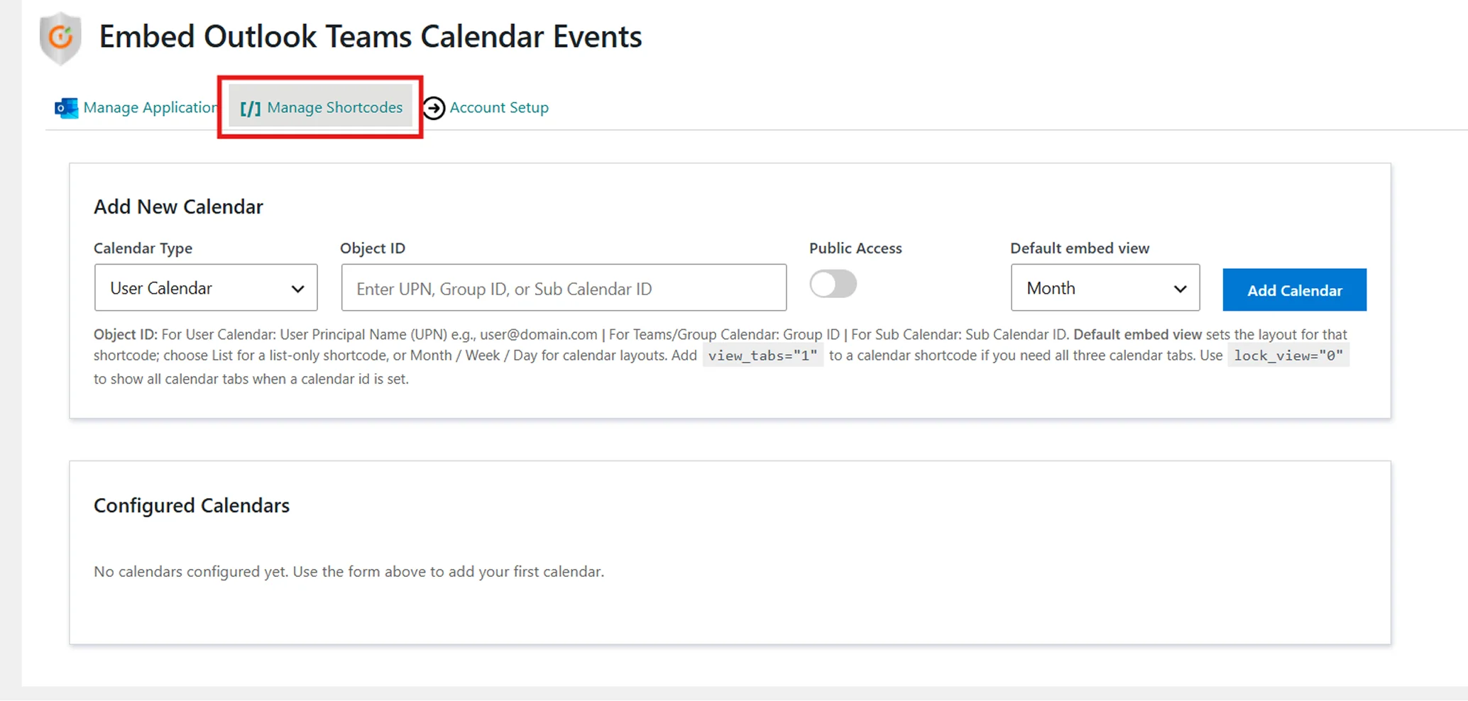 Embed Outlook Calendar on WordPress - Enterprise plugin manage shortcodes
