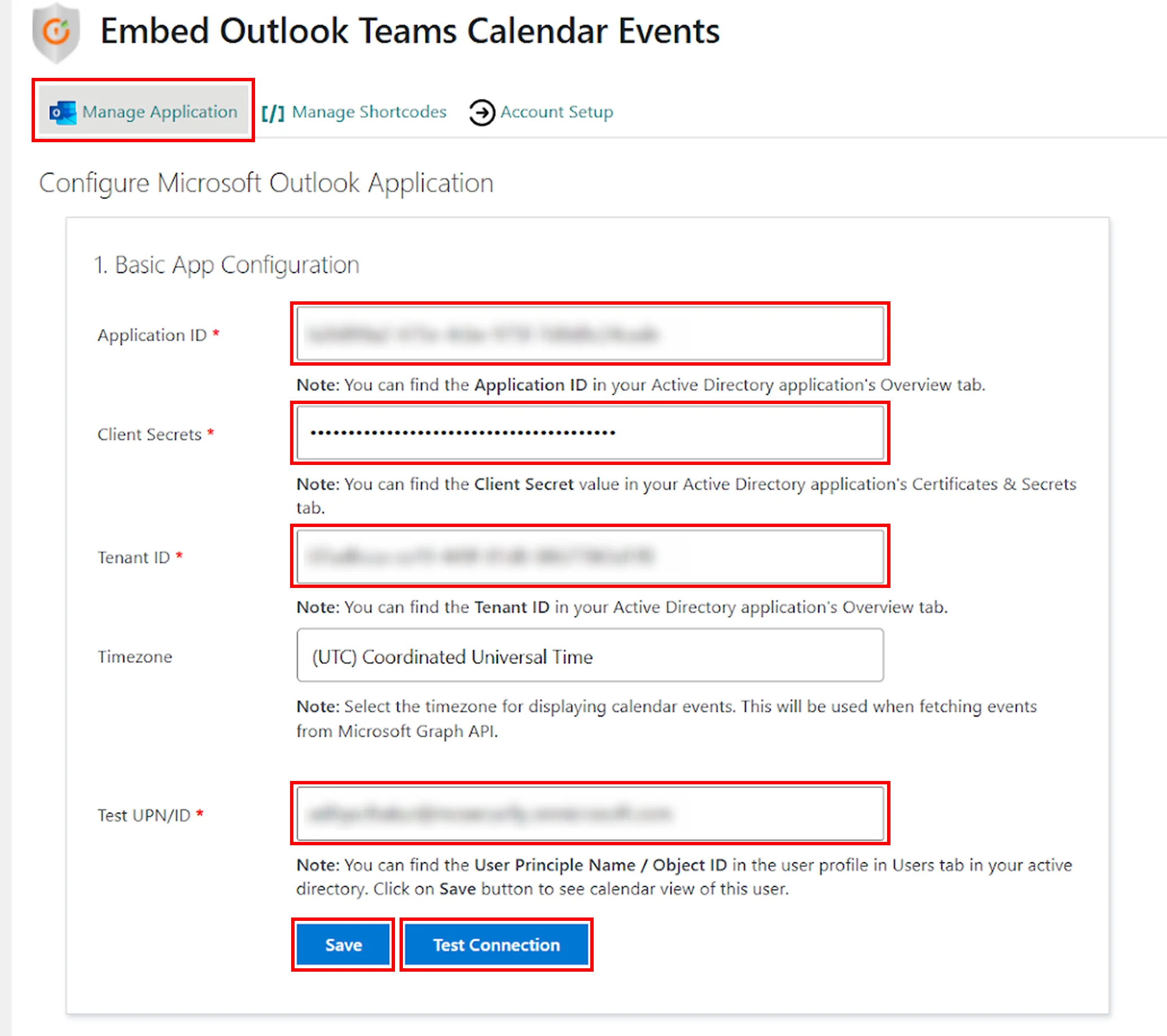 Embed Outlook Calendar on WordPress - Enterprise plugin save and test connection