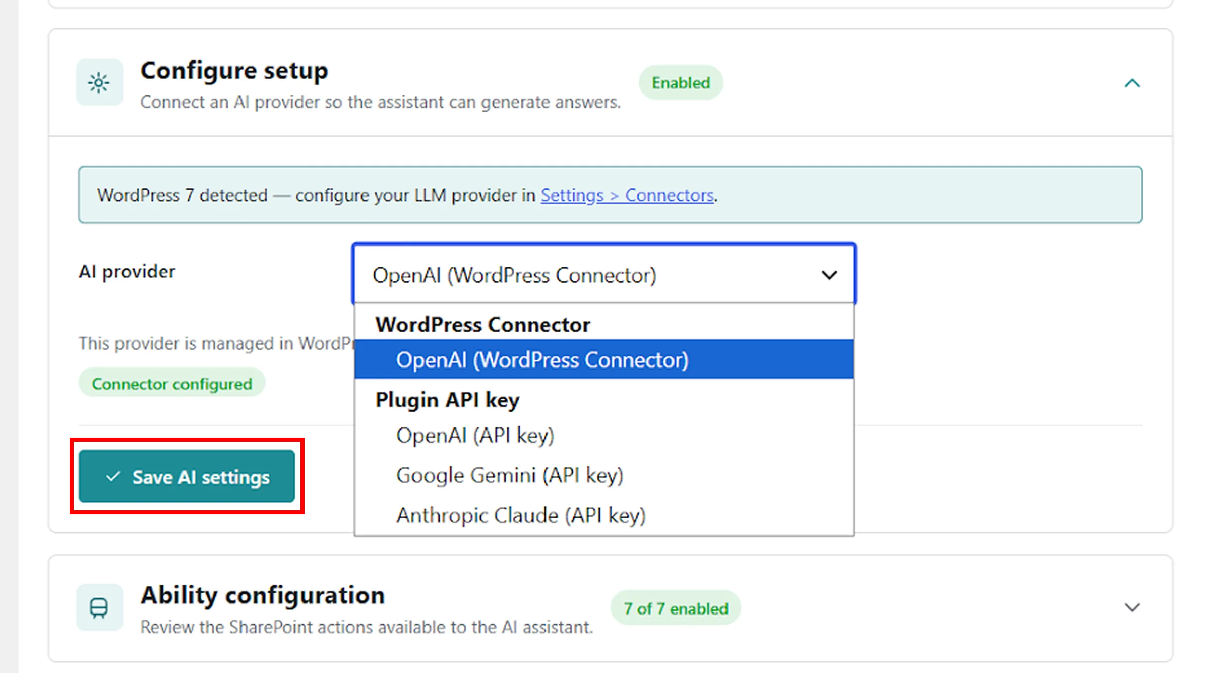 SharePoint AI Assistant for WordPress | Save AI Settings