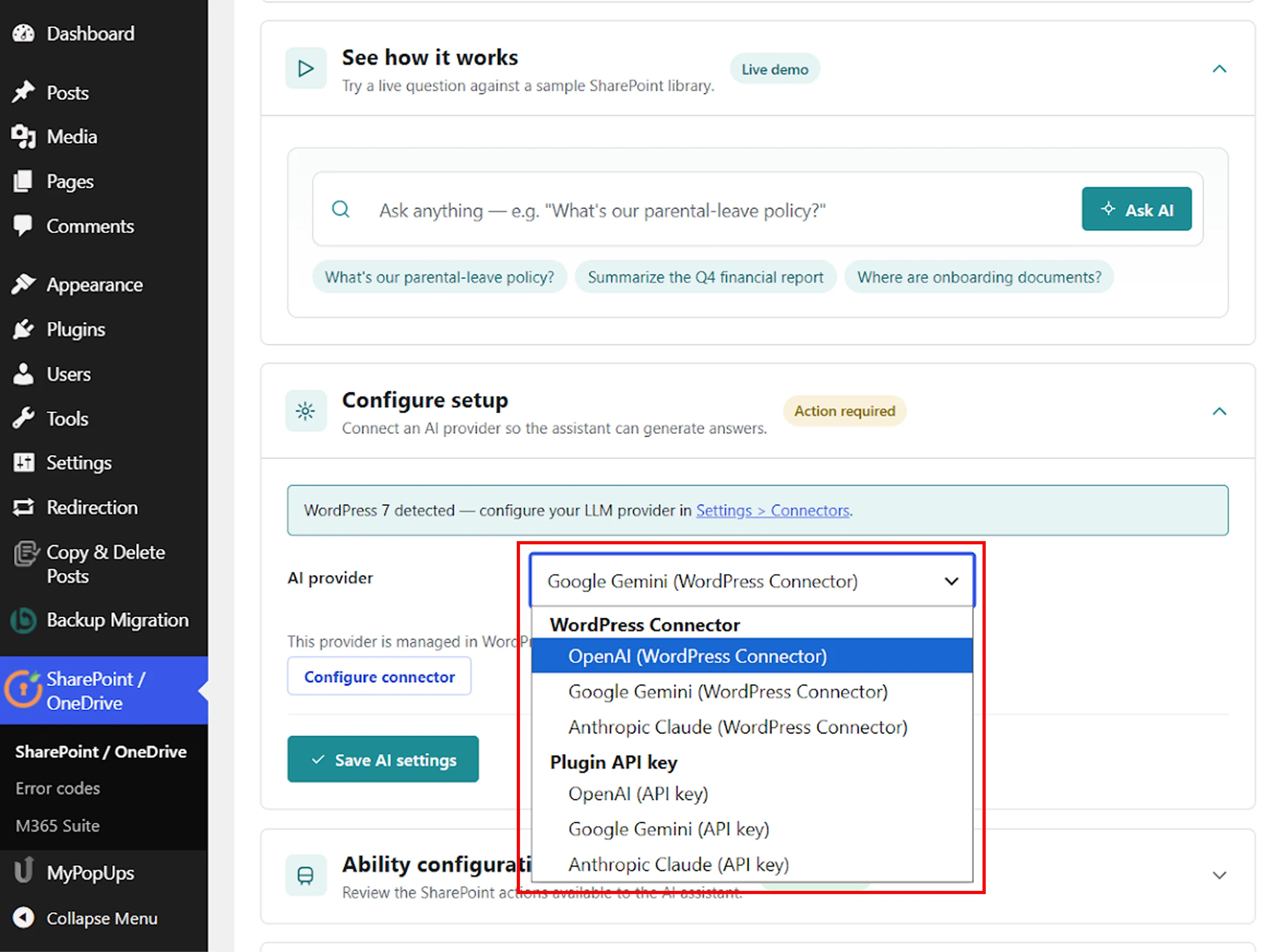 SharePoint AI Assistant for WordPress | Select an AI Provider