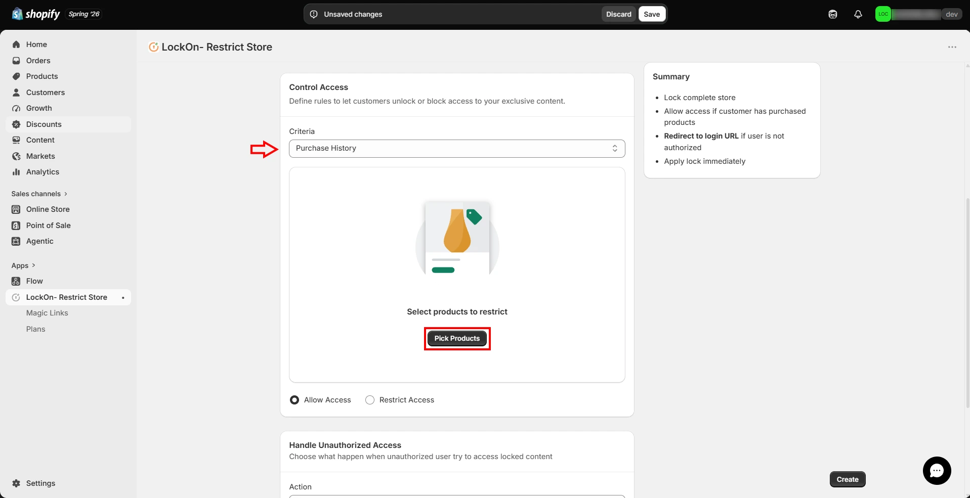 Select Purchase History as lock criteria