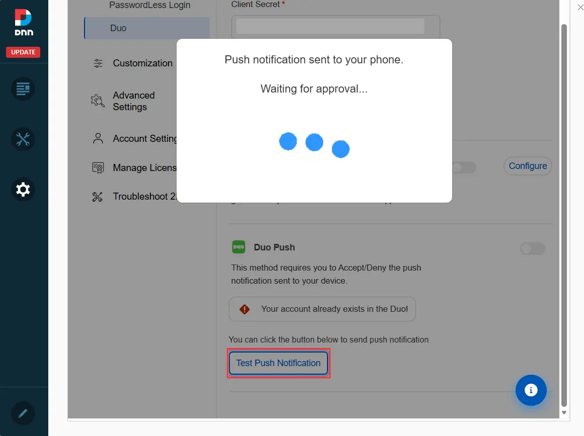 DotNetNuke Two Factor Authentication (2FA) using Duo Push Notification - Push Notification sent successfully on mobile