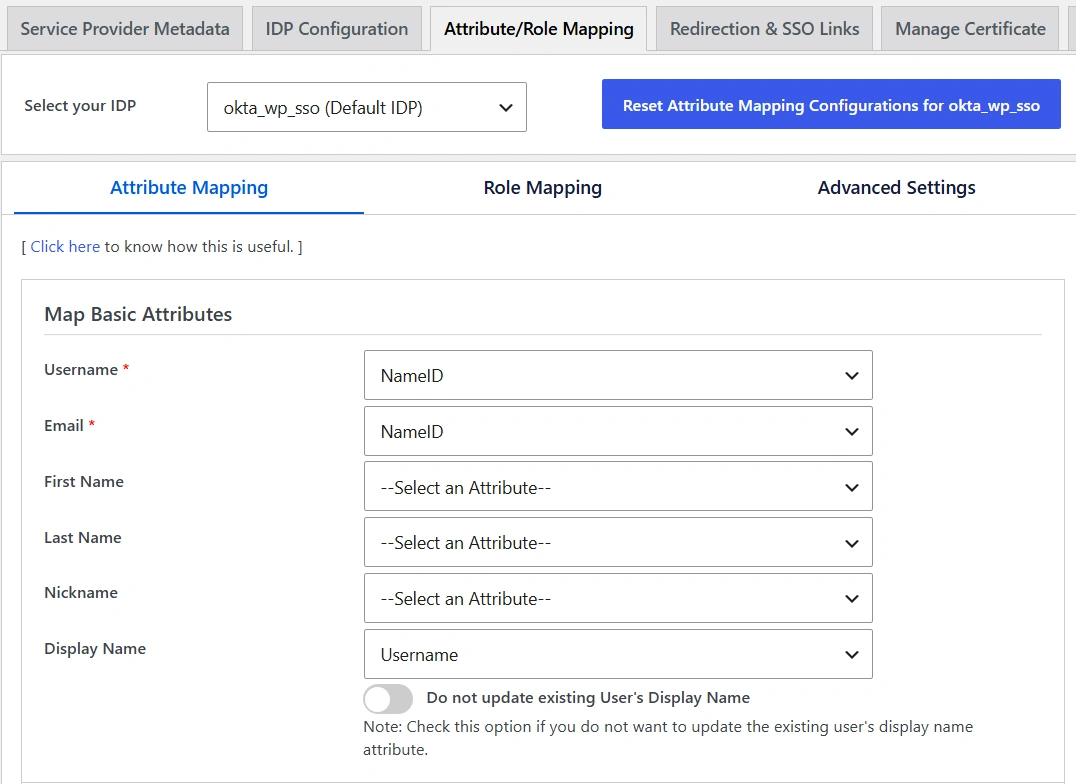 Map Basic Attributes section in SAML plugin for WordPress