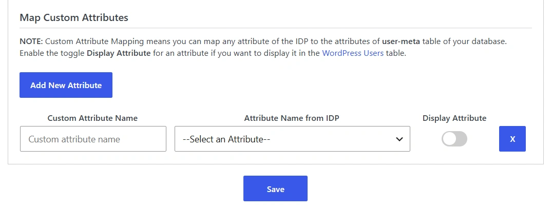 Map Custom Attributes section in SAML plugin for WordPress