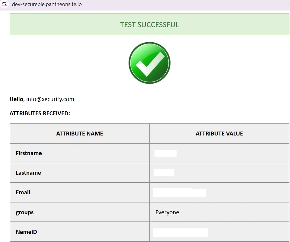 Test Configuration results showing attributes received from Okta