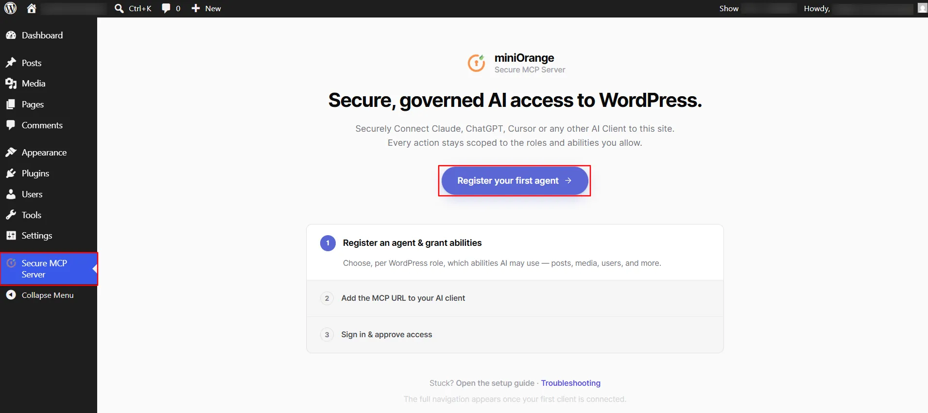 Connect WordPress to AI Agents using MCP | Secure MCP Server menu