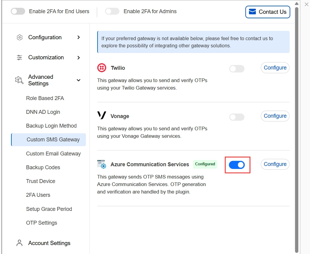 DNN 2FA - Azure Communication Services Configured and Enabled