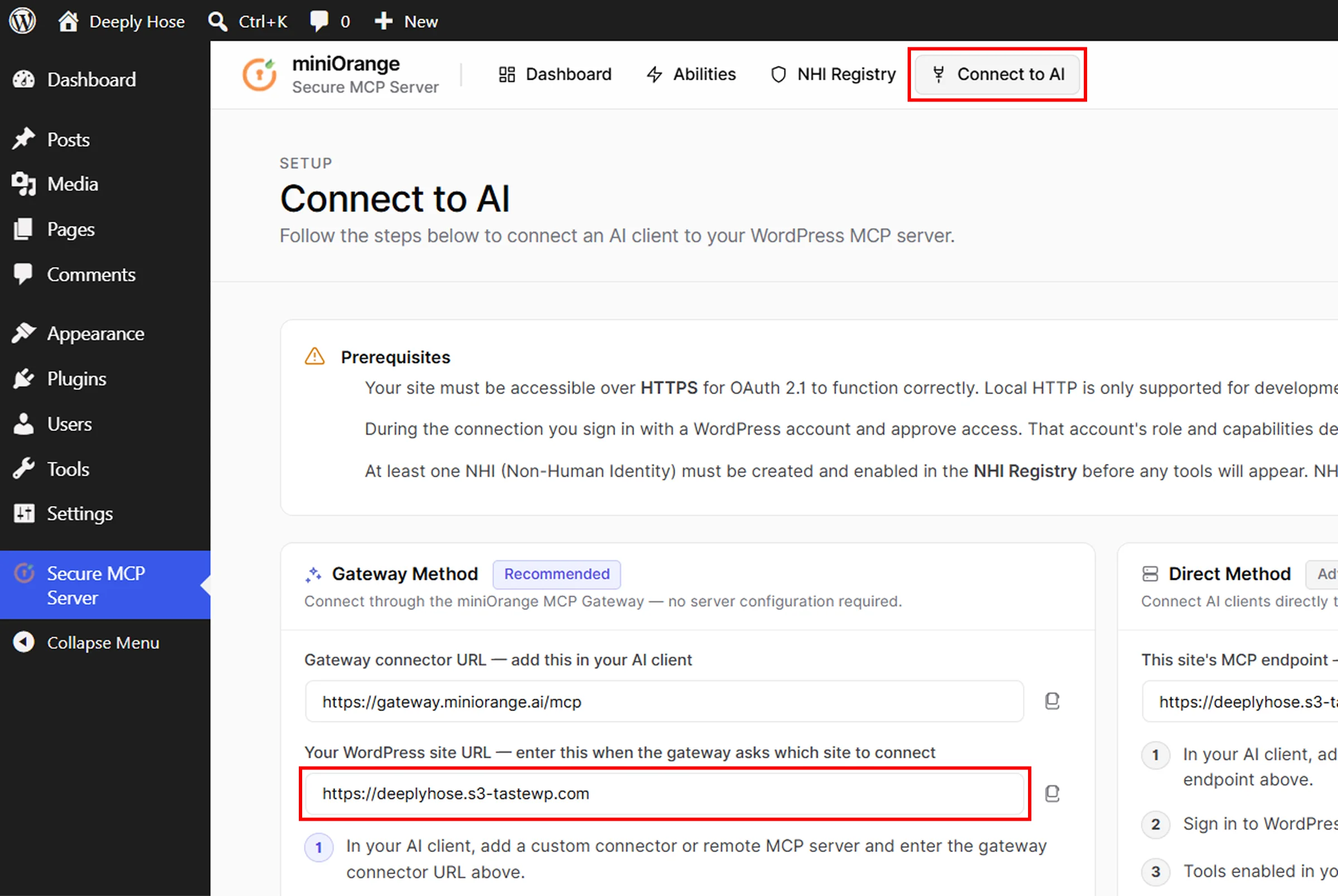 Connect WordPress to AI Agents using MCP | Copy site URL from Connect to AI tab