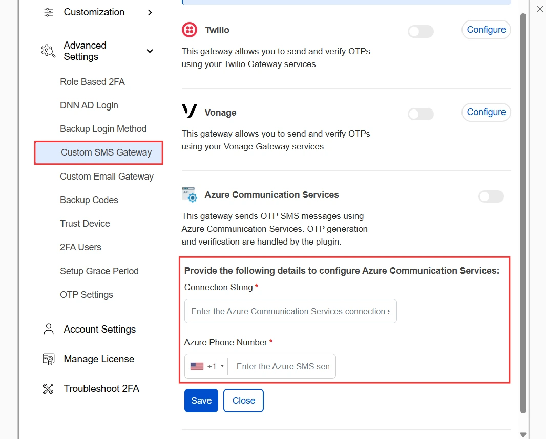 DNN 2FA - Azure Communication Services Connection String and Phone Number