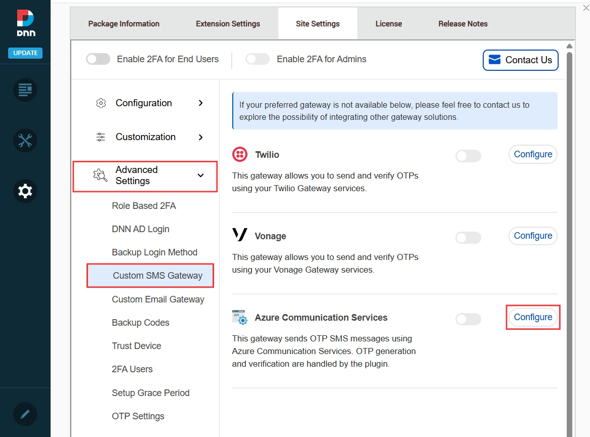 DNN 2FA - Custom SMS Gateway Azure Communication Services