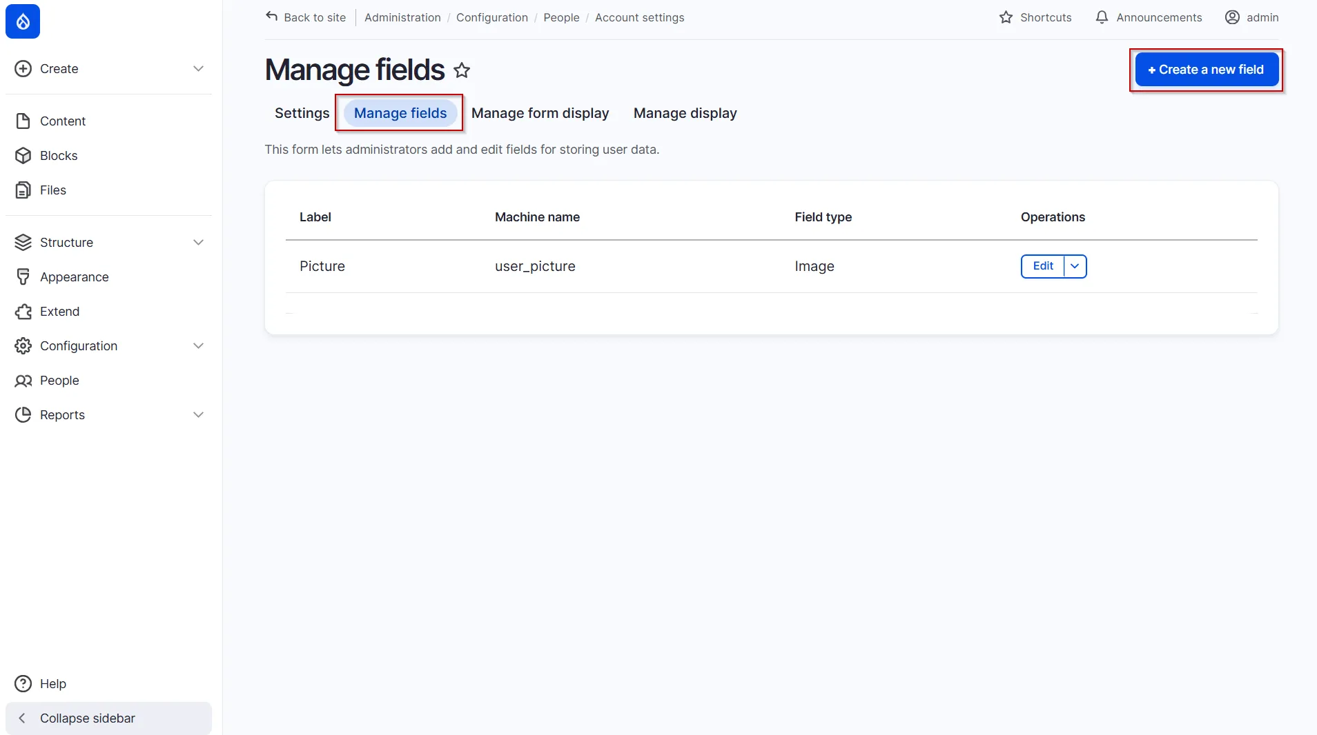 Drupal LDAP - Click on Create a New Field Button
