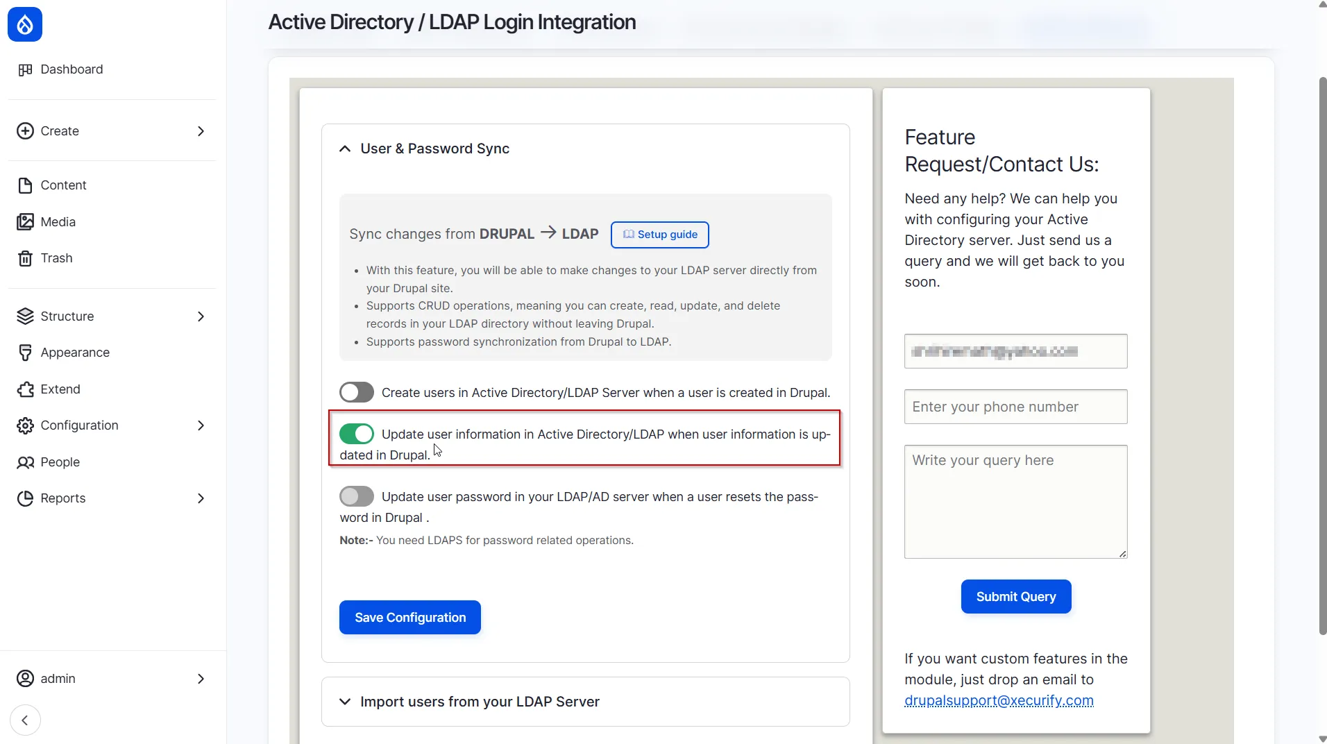 Drupal LDAP - Update User in AD/LDAP Server when user information is updated in Drupal