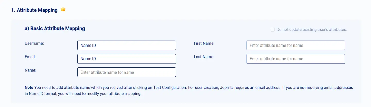 Joomla SAML single sign on Basic Attribute Mapping