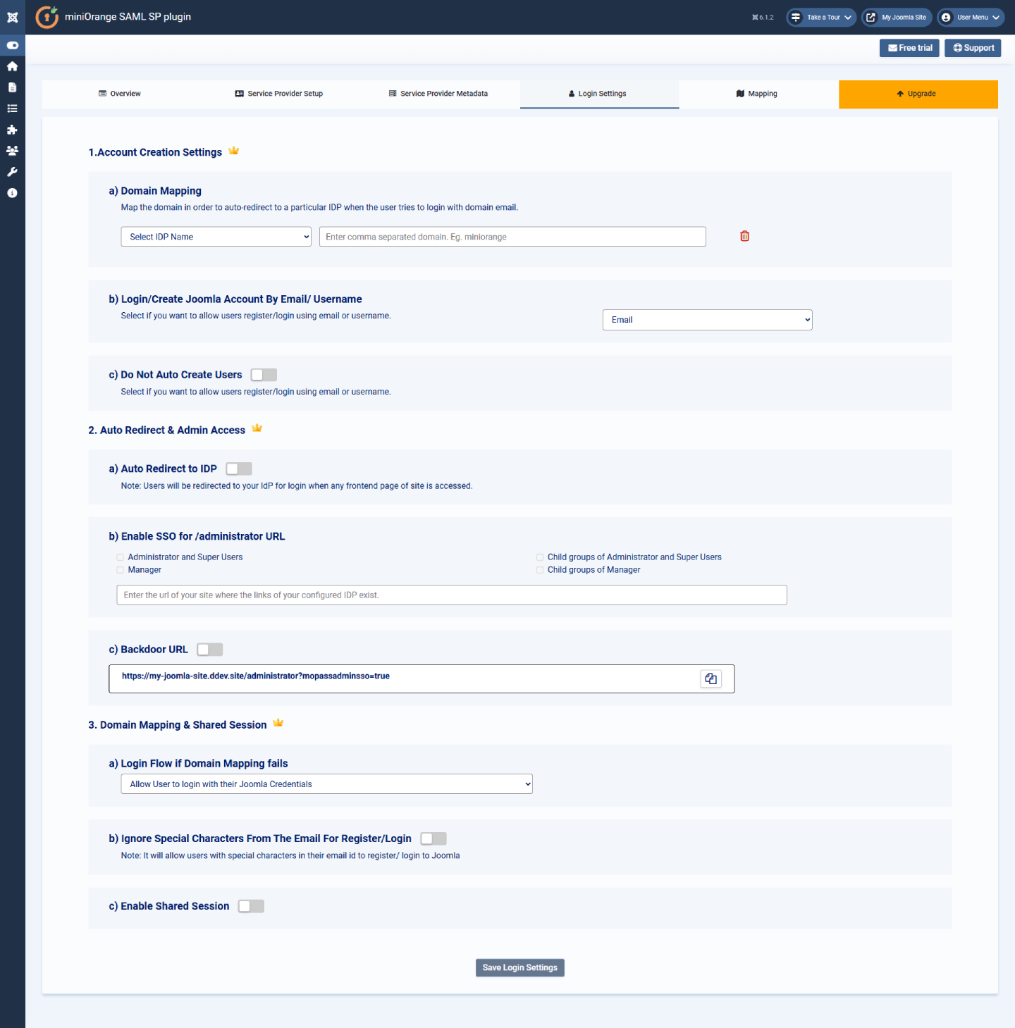 Joomla SAML single sign on Login Settings