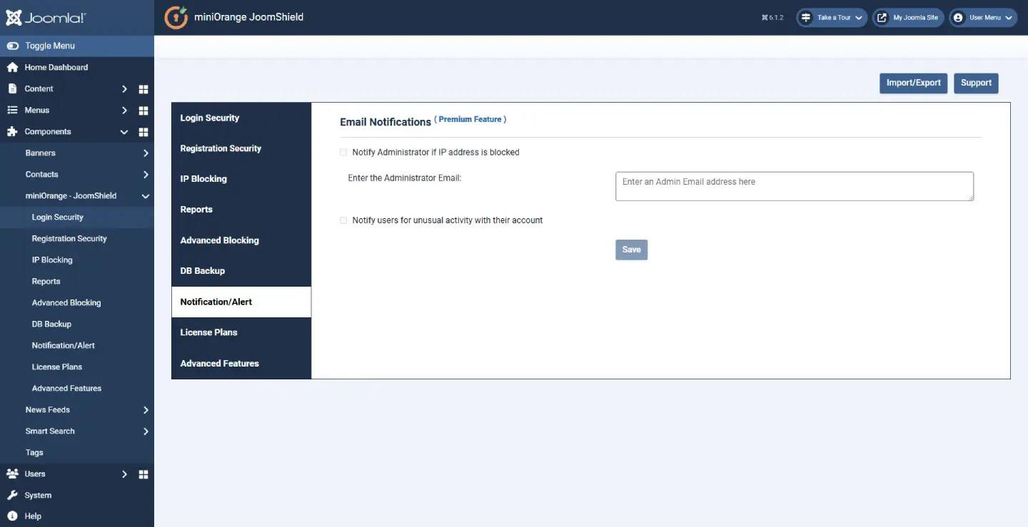 JoomShield Notification and Alert Settings