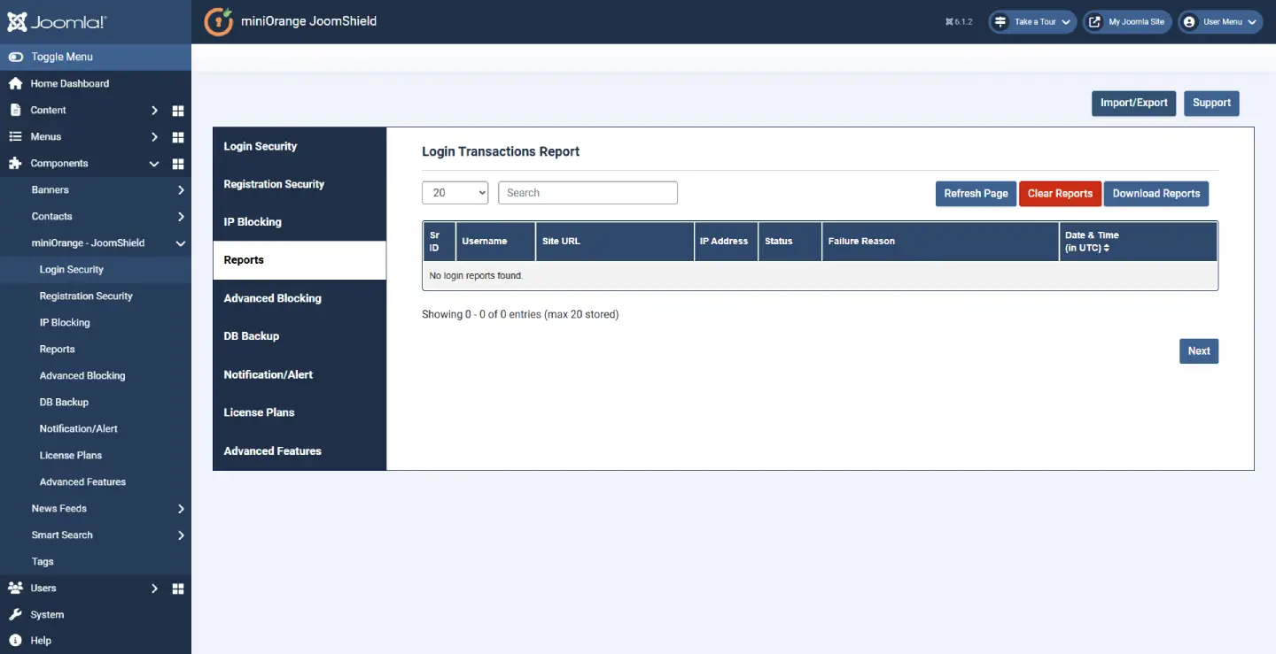 JoomShield Login Transactions Report