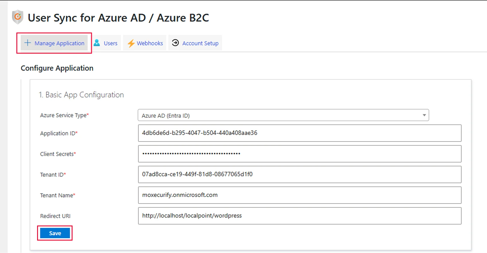 Setup Azure AD Sync - Manage Application, credentials form