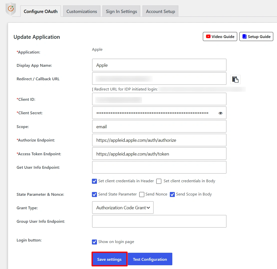 Configure Apple SSO (Single Sign-On) - Click Save Settings