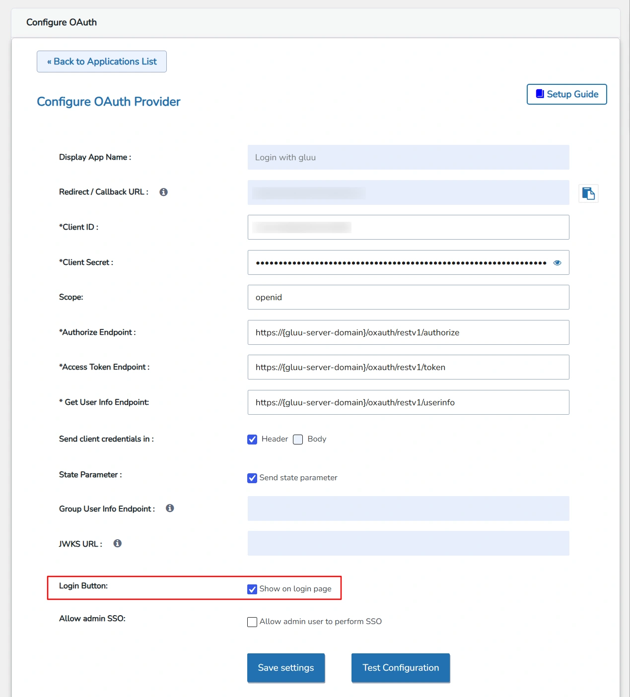 Configure Gluu SSO (Single Sign-On) - Login Option
