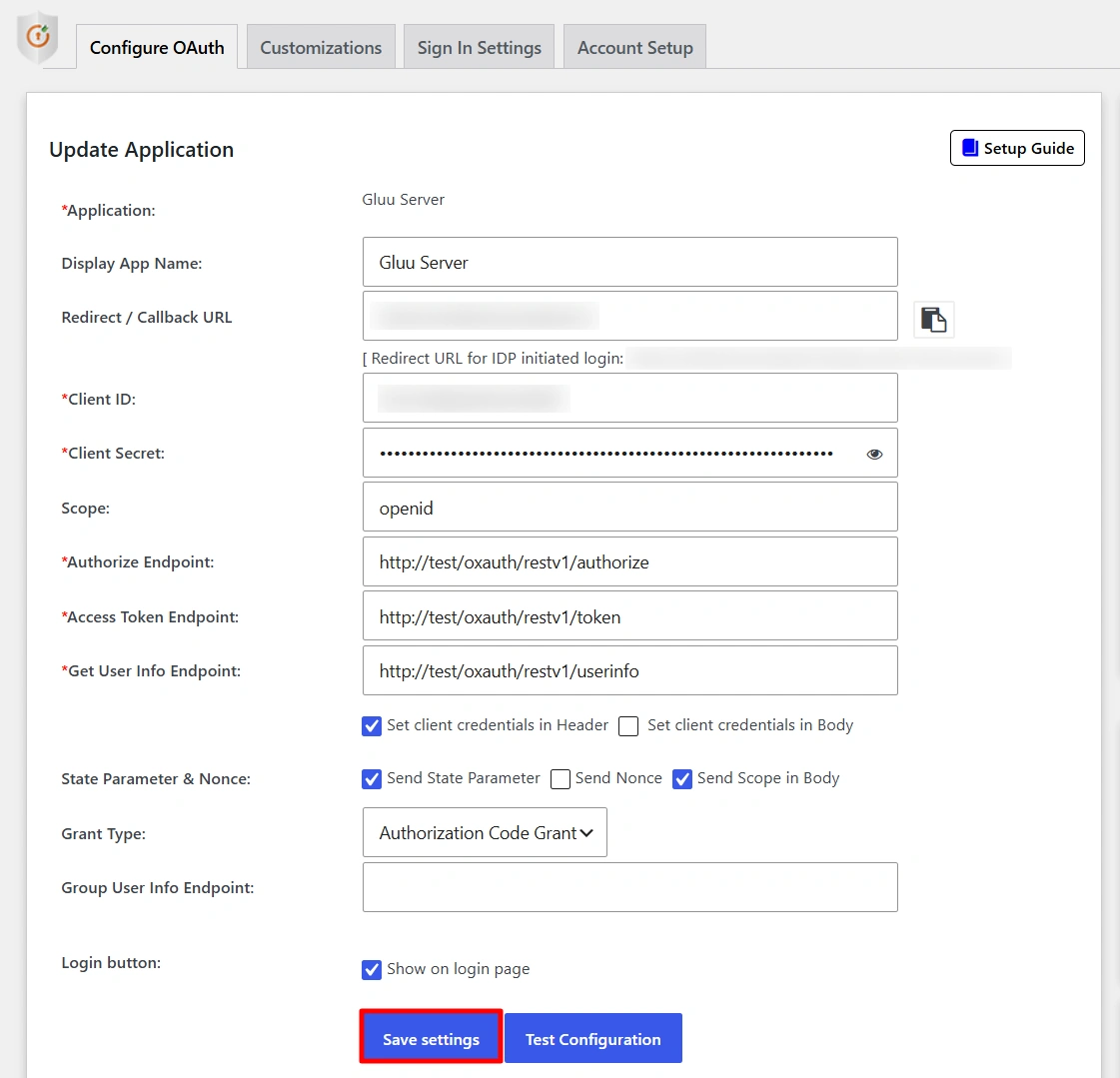 Configure Gluu Server SSO - Click Save Settings