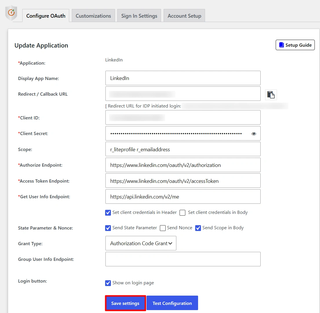 Configure LinkedIn App SSO - Click Save Settings