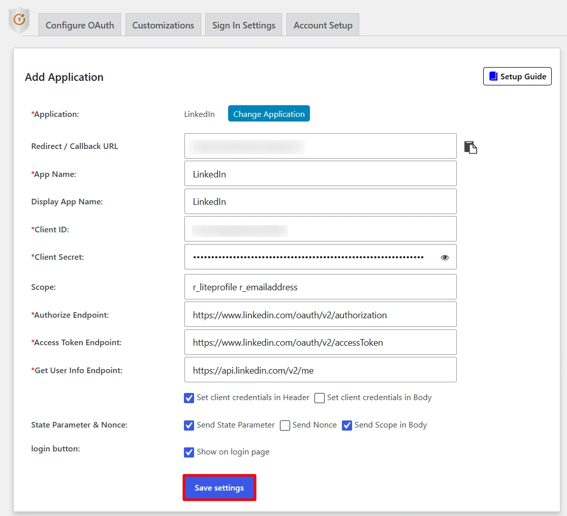 Configure LinkedIn App SSO - Application Details