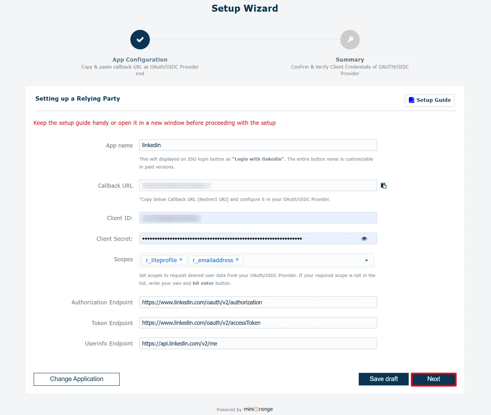 Configure LinkedIn App SSO - Click Next