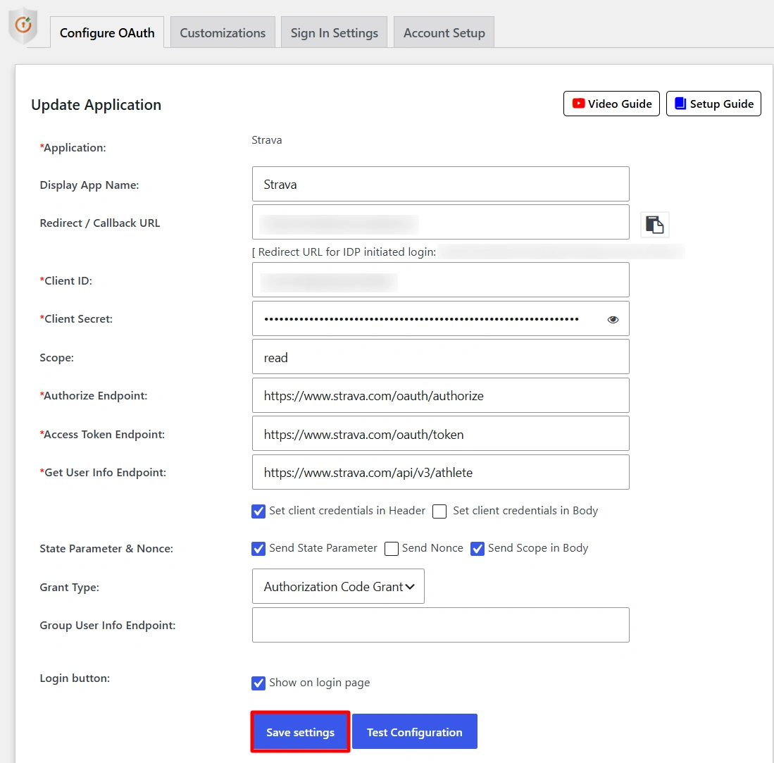 Configure LinkedIn App SSO - Click Save Settings