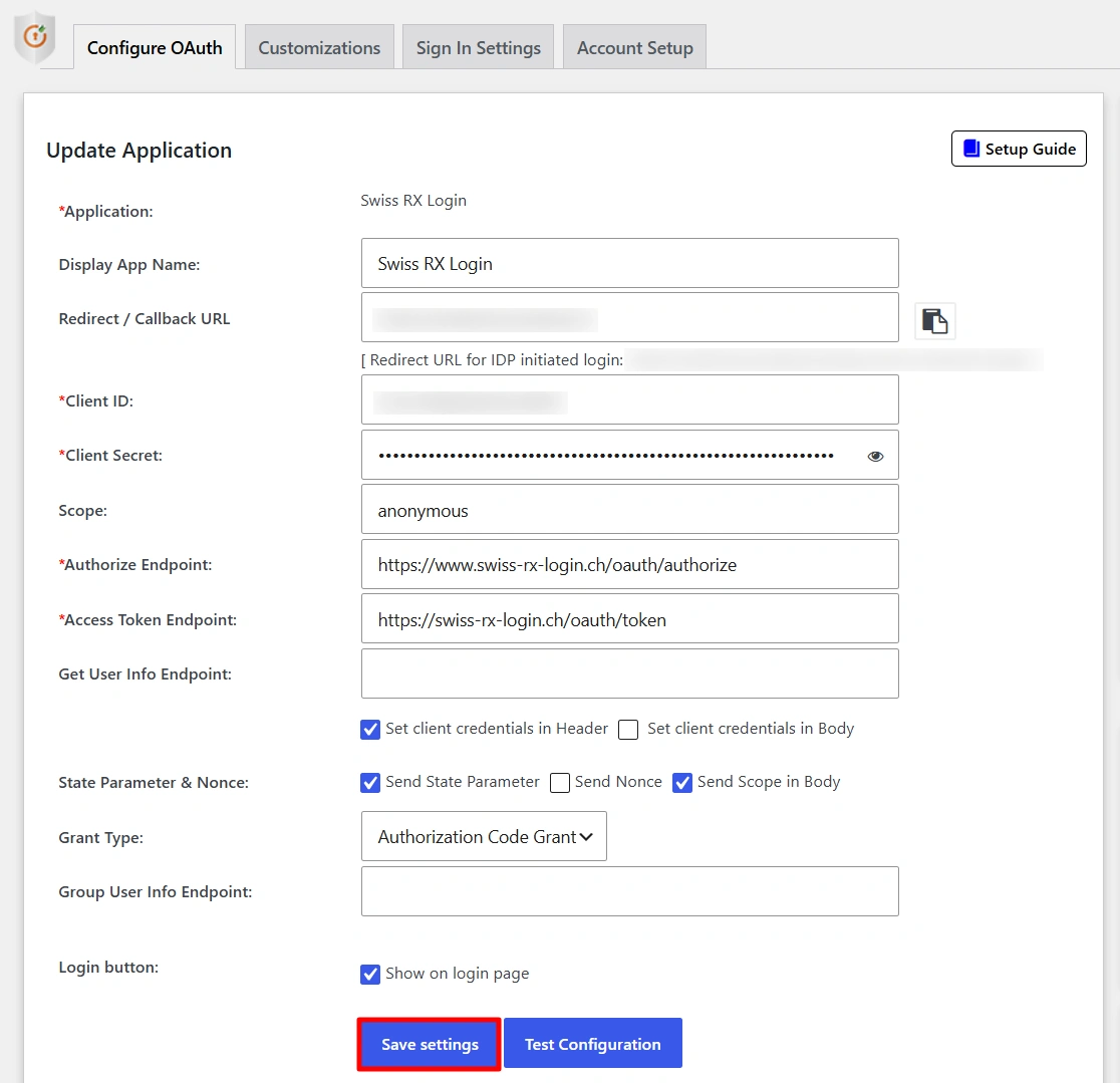 Configure Swiss-RX-Login SSO - Click Save Settings