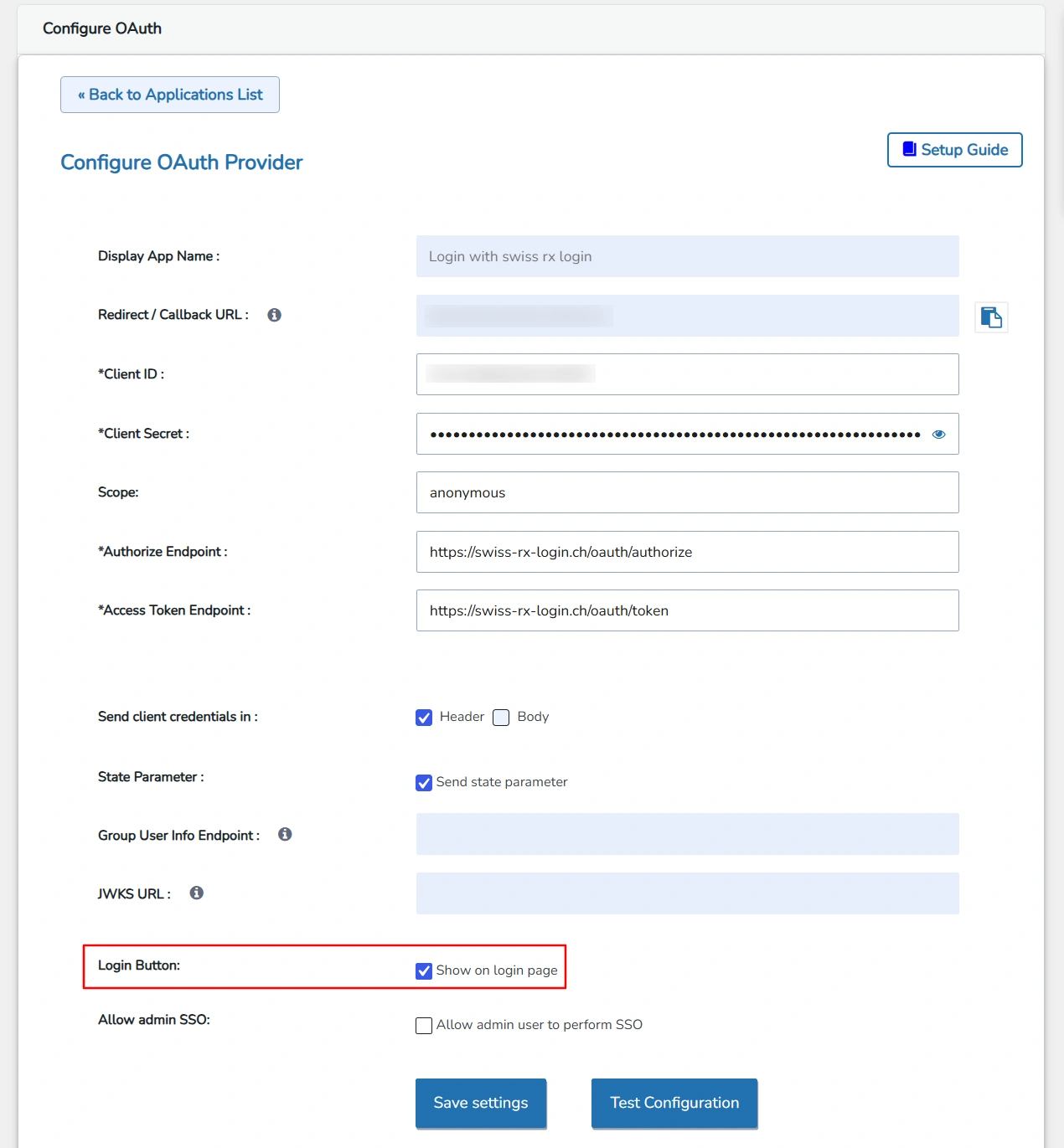 Configure Swiss-RX-Login SSO (Single Sign-On) - Login Option