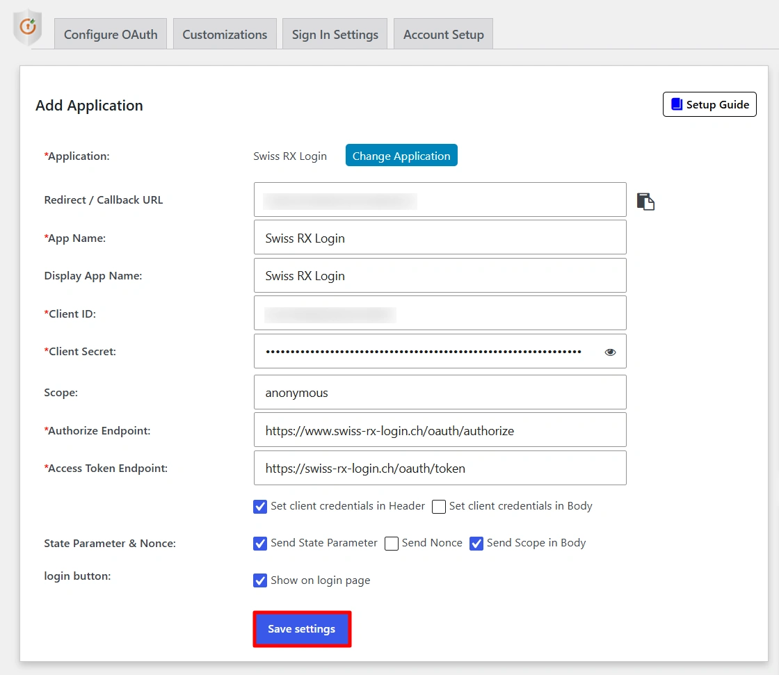 Configure Swiss-RX-Login SSO - Application Details