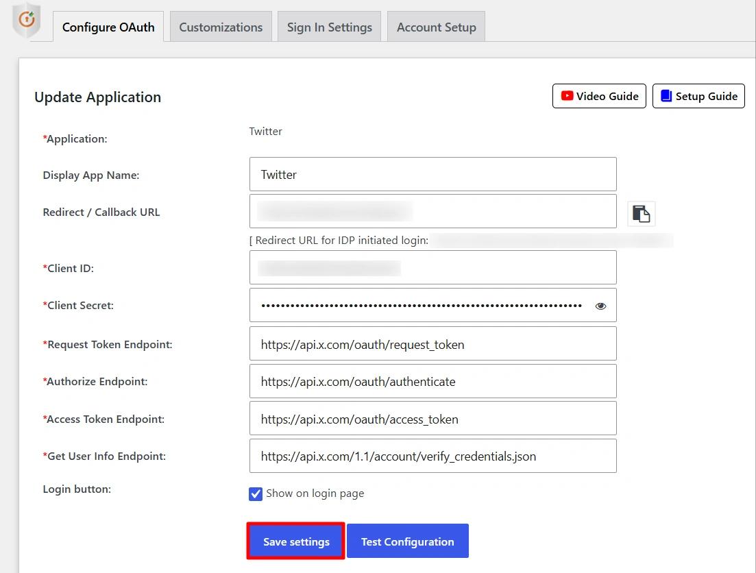 Configure Twitter SSO - Click Save Settings