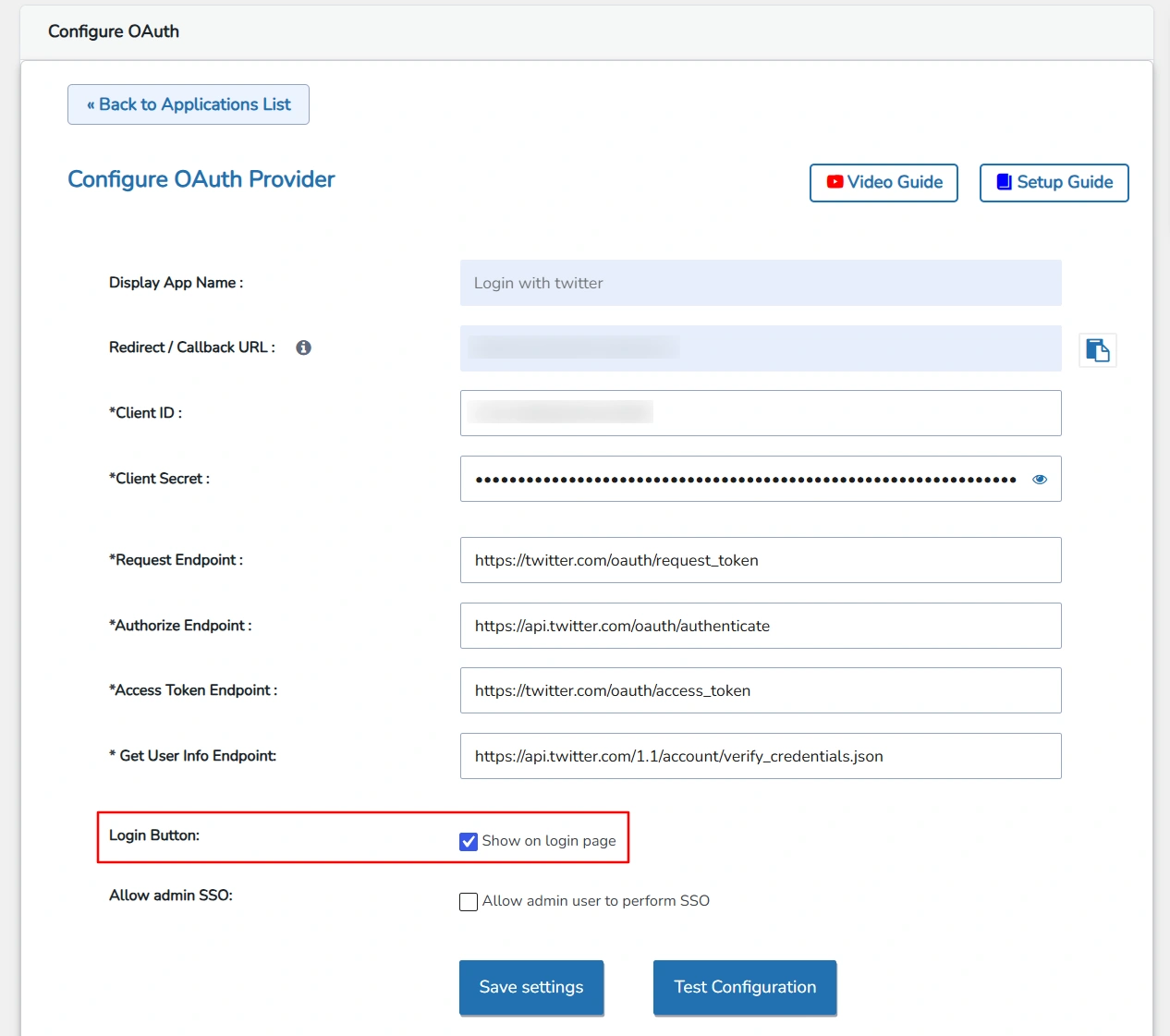 Configure Twitter SSO (Single Sign-On) - Show On Login Page Option