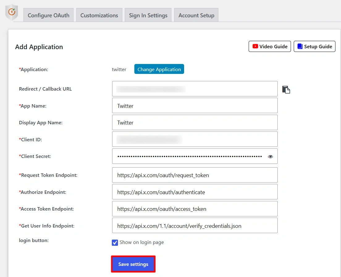 Configure Twitter SSO - Application Details