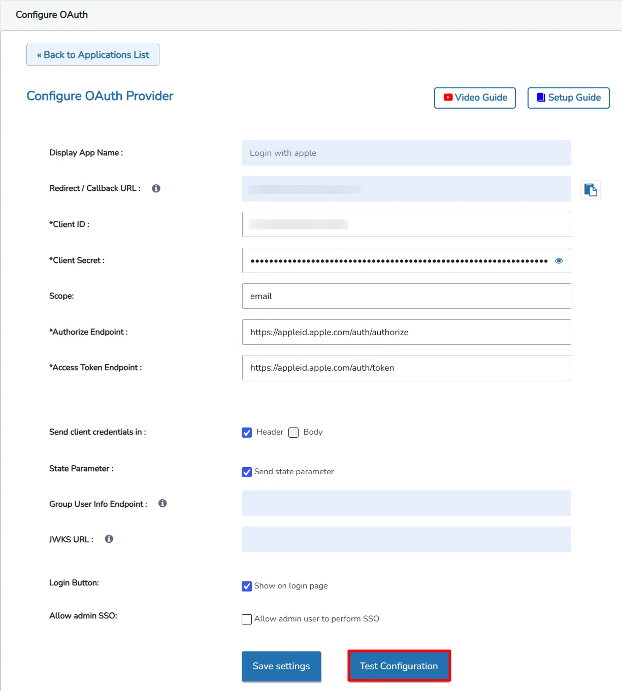 Configure Apple SSO (Single Sign-On) - Test Configuration