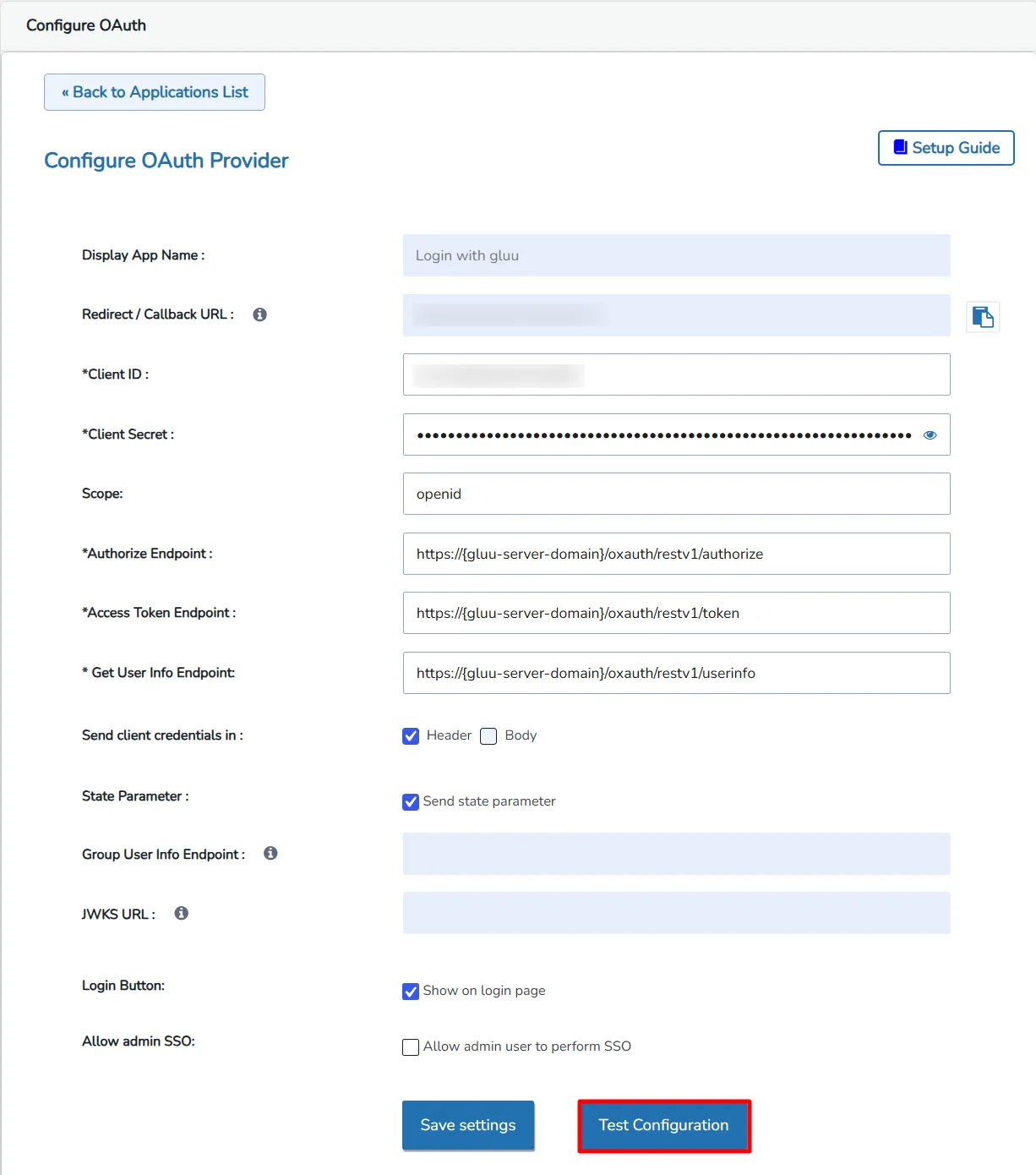 Configure Gluu Server SSO - Test Configuration
