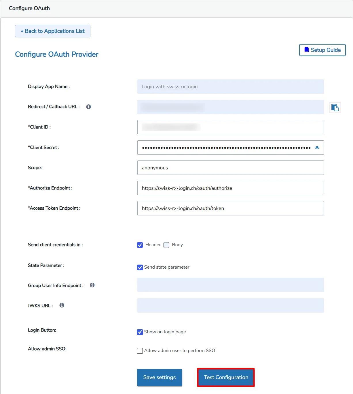 Configure Swiss-RX-Login SSO (Single Sign-On) - Test Configuration