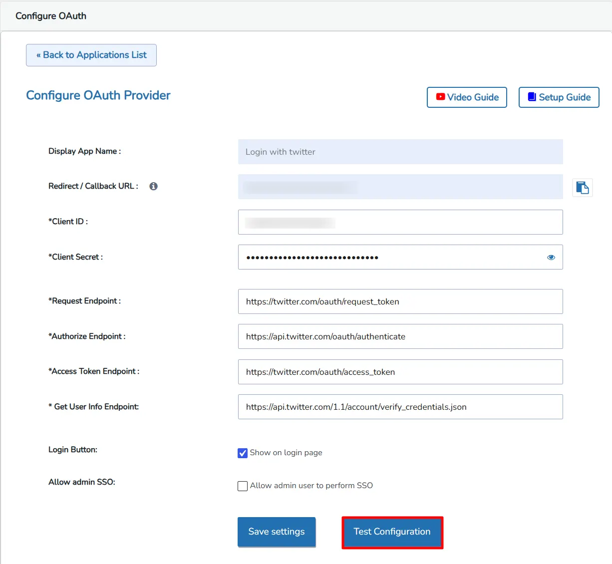 Configure Twitter SSO (Single Sign-On) - Test Configuration