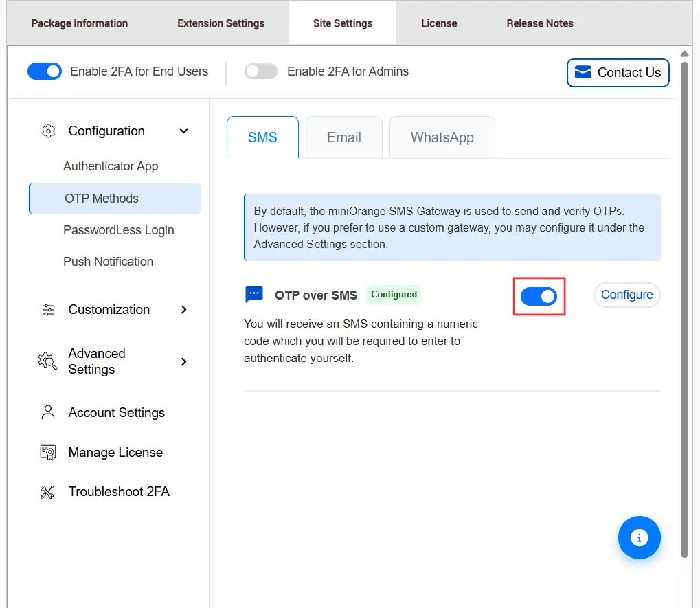 DotNetNuke Two Factor Authentication (2FA) for OTP over SMS with Azure Communication Services | DNN 2FA - Toggle Button