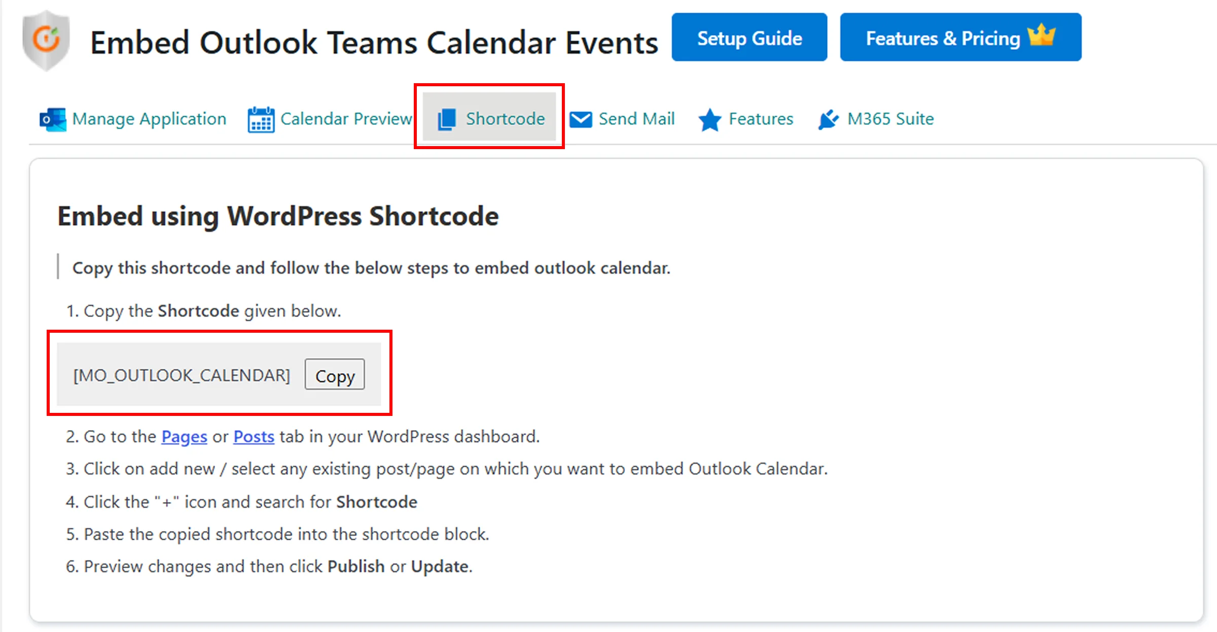 Embed Outlook Calendar on WordPress - Free plugin copy shortcode