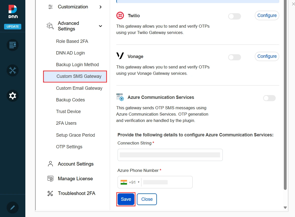 DNN 2FA - Save Azure Communication Services Configuration