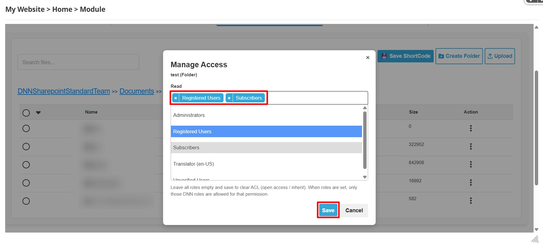DNN Sharepoint Integration Enterprise - Save Manage Access